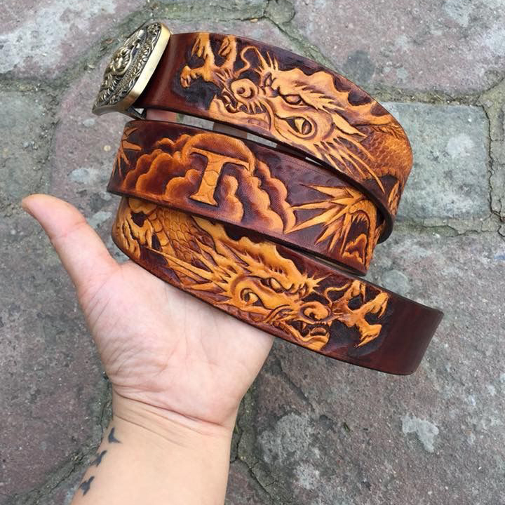 Oriental Mythological Style Hand Carved Dragon Pattern Leather Belt