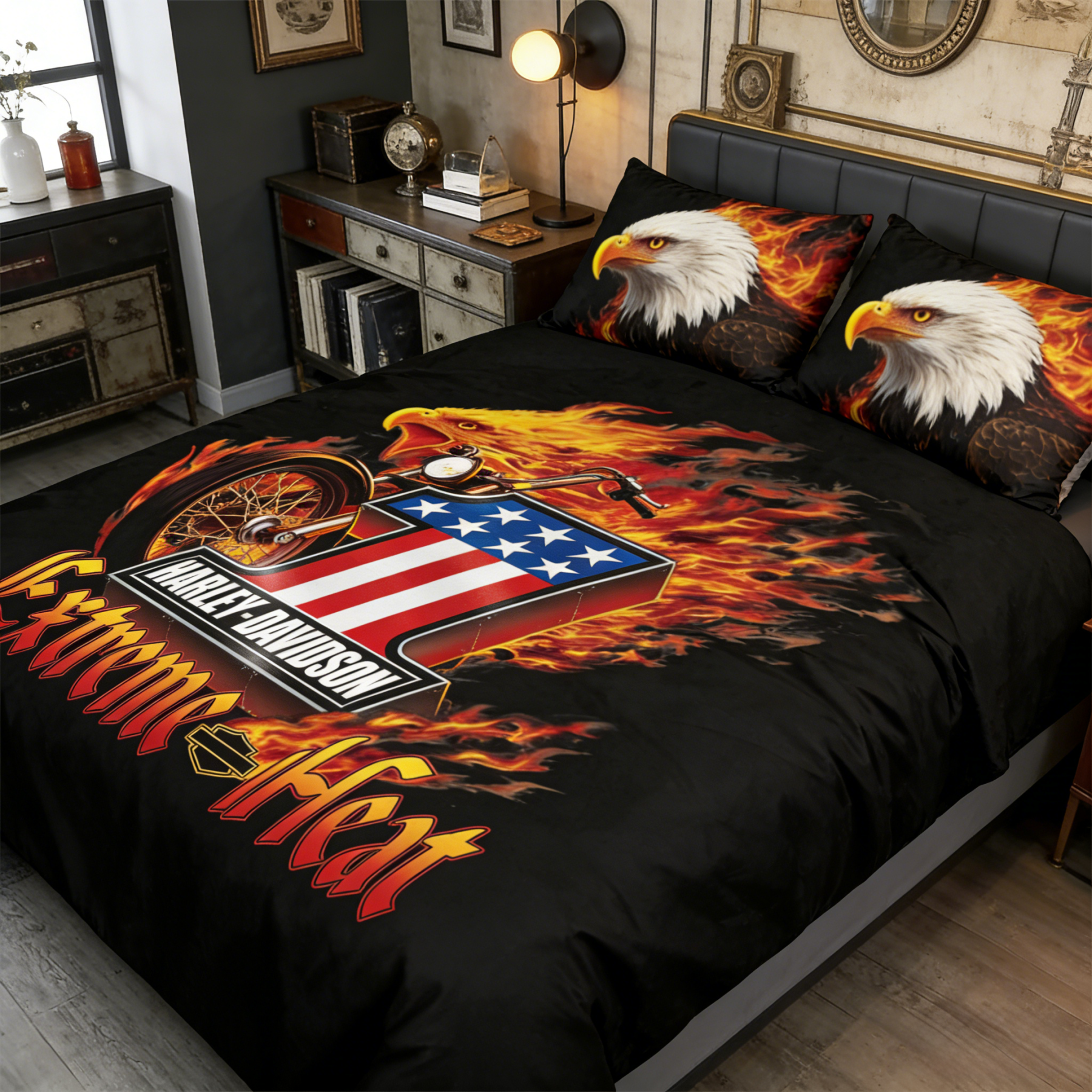 Retro Harley-Davidson style pattern 3-Piece Quilted Bedding Set