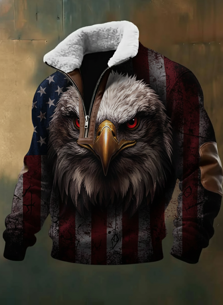 Patriotic Red Eyed Eagle Flag Graphic Sherpa Fleece Jacket