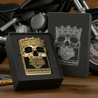 Road Sovereign: "King Of The Open Road" Gold-Tone Skull Lighter