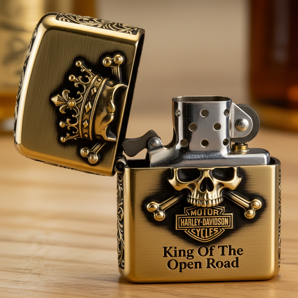 Road Sovereign: "King Of The Open Road" Gold-Tone Skull Lighter