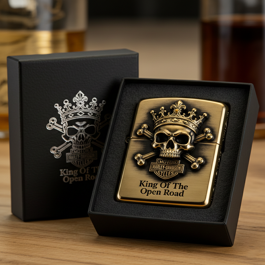 Road Sovereign: "King Of The Open Road" Gold-Tone Skull Lighter