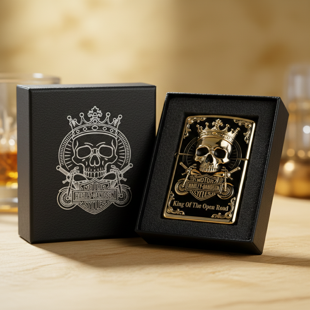 Road Sovereign: "King Of The Open Road" Gold-Tone Skull Lighter