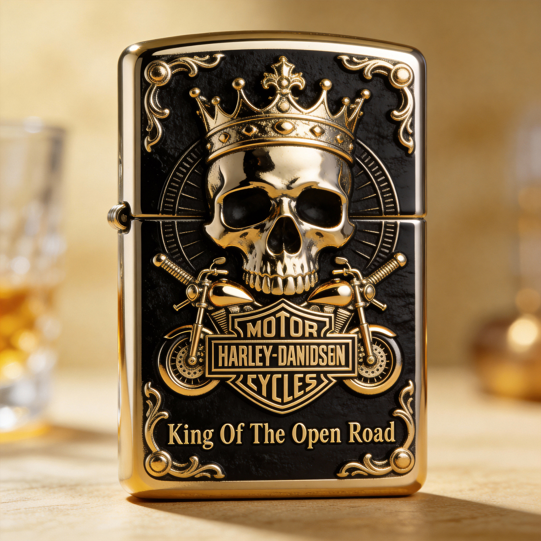 Road Sovereign: "King Of The Open Road" Gold-Tone Skull Lighter