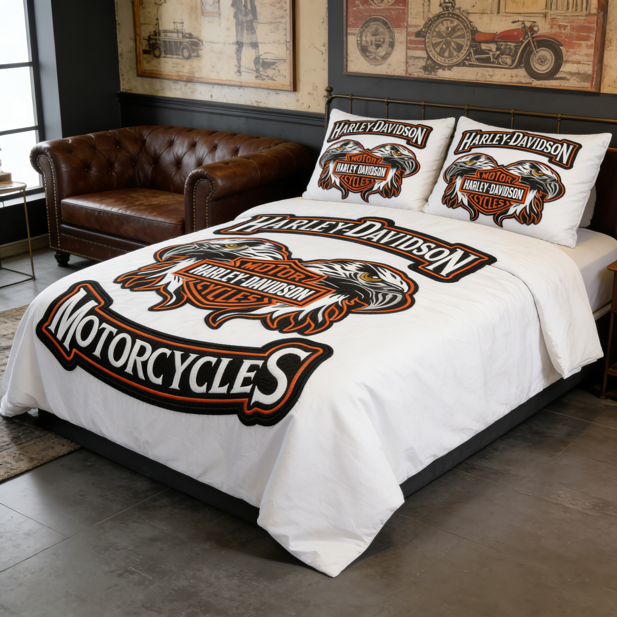 Retro Harley-Davidson style pattern 3-Piece Quilted Bedding Set