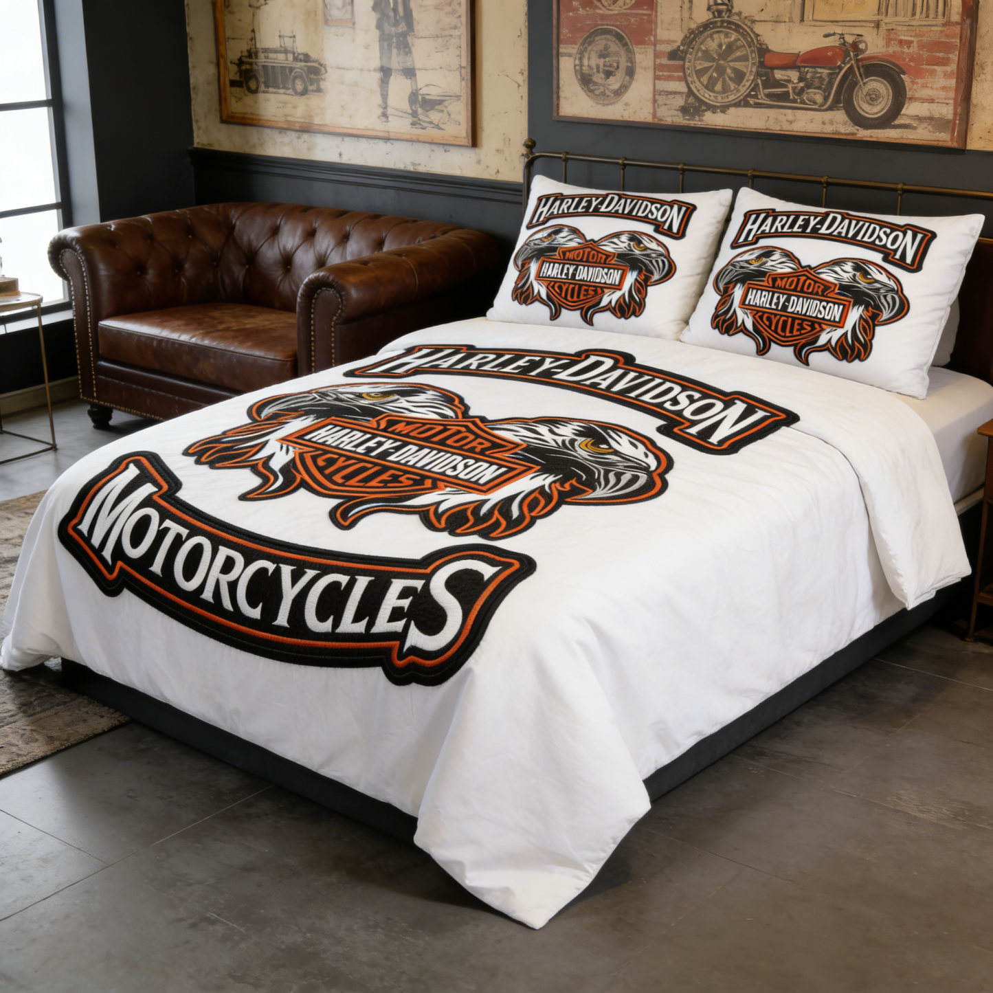 Retro Harley-Davidson style pattern 3-Piece Quilted Bedding Set