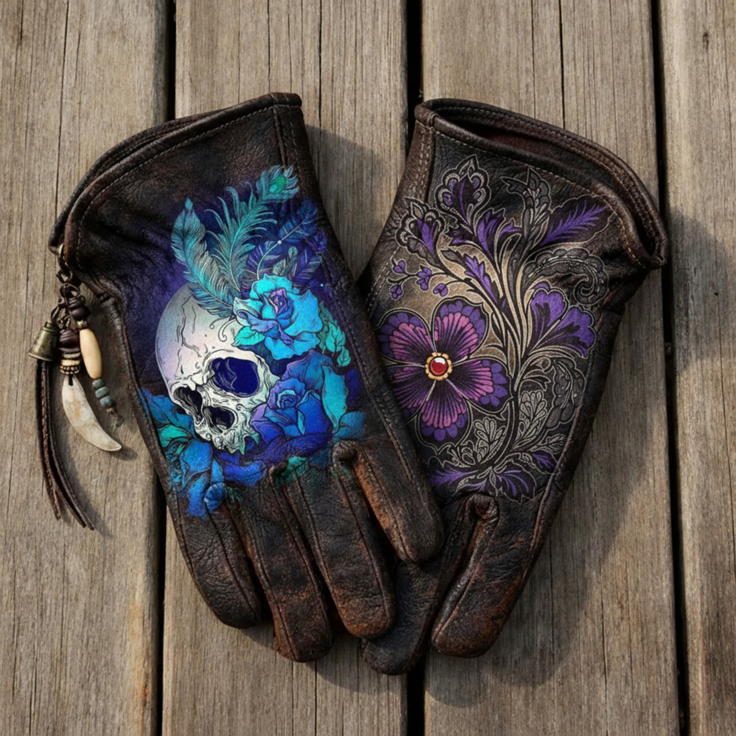 Gothic style skull leather riding gloves