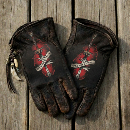 Mythological Norse Style Bifrost Sword Graphic Distressed Leather Gloves