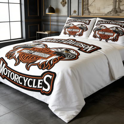Retro Harley-Davidson style pattern 3-Piece Quilted Bedding Set