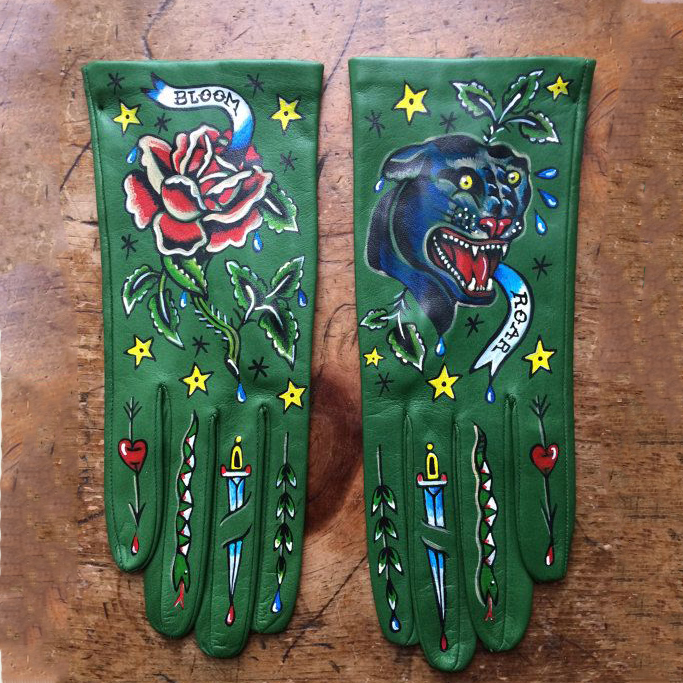 Traditional Tattoo Style Panther and Rose Printed Leather Gloves