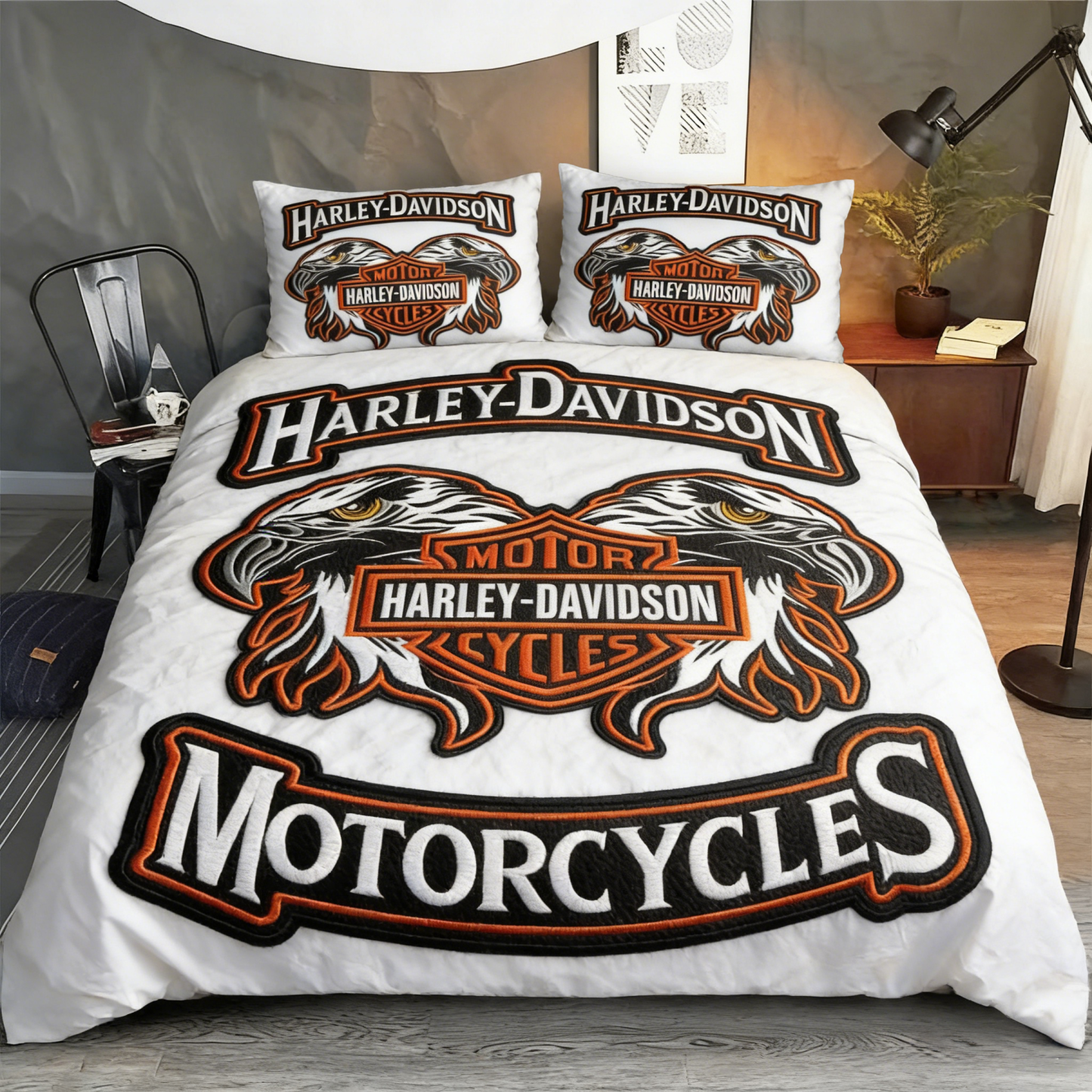 Retro Harley-Davidson style pattern 3-Piece Quilted Bedding Set