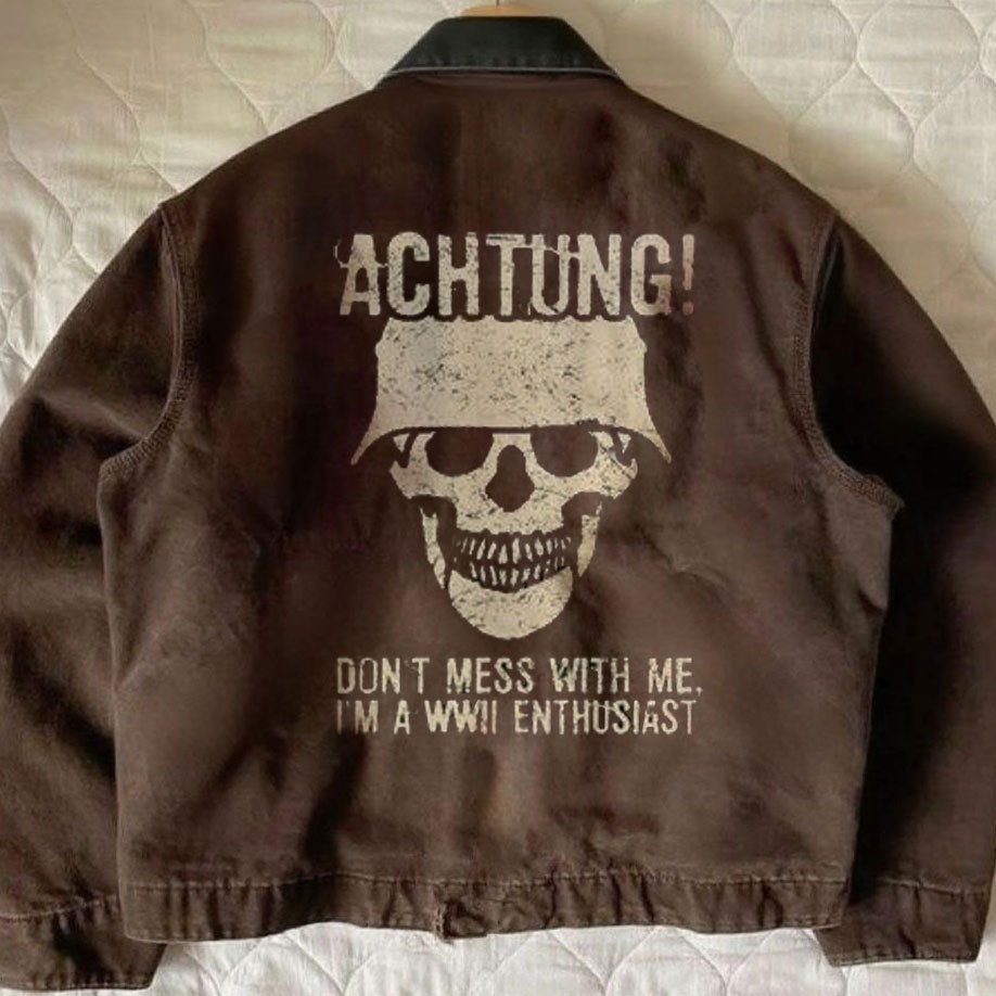 An American distressed winter jacket with the theme of "I'm a WWII enthusiast"