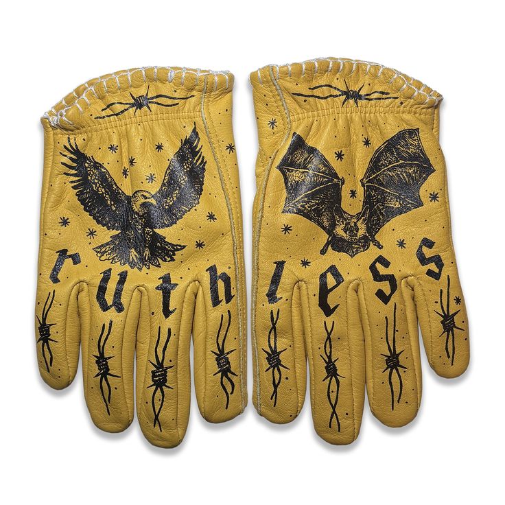 Old School Tattoo Eagle and Bat Illustrated Leather Gloves