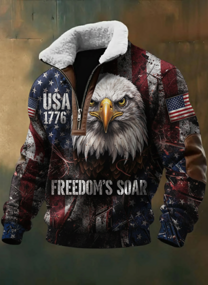 Patriotic USA 1776 Freedom Soar Eagle Graphic Sherpa Fleece Jacket