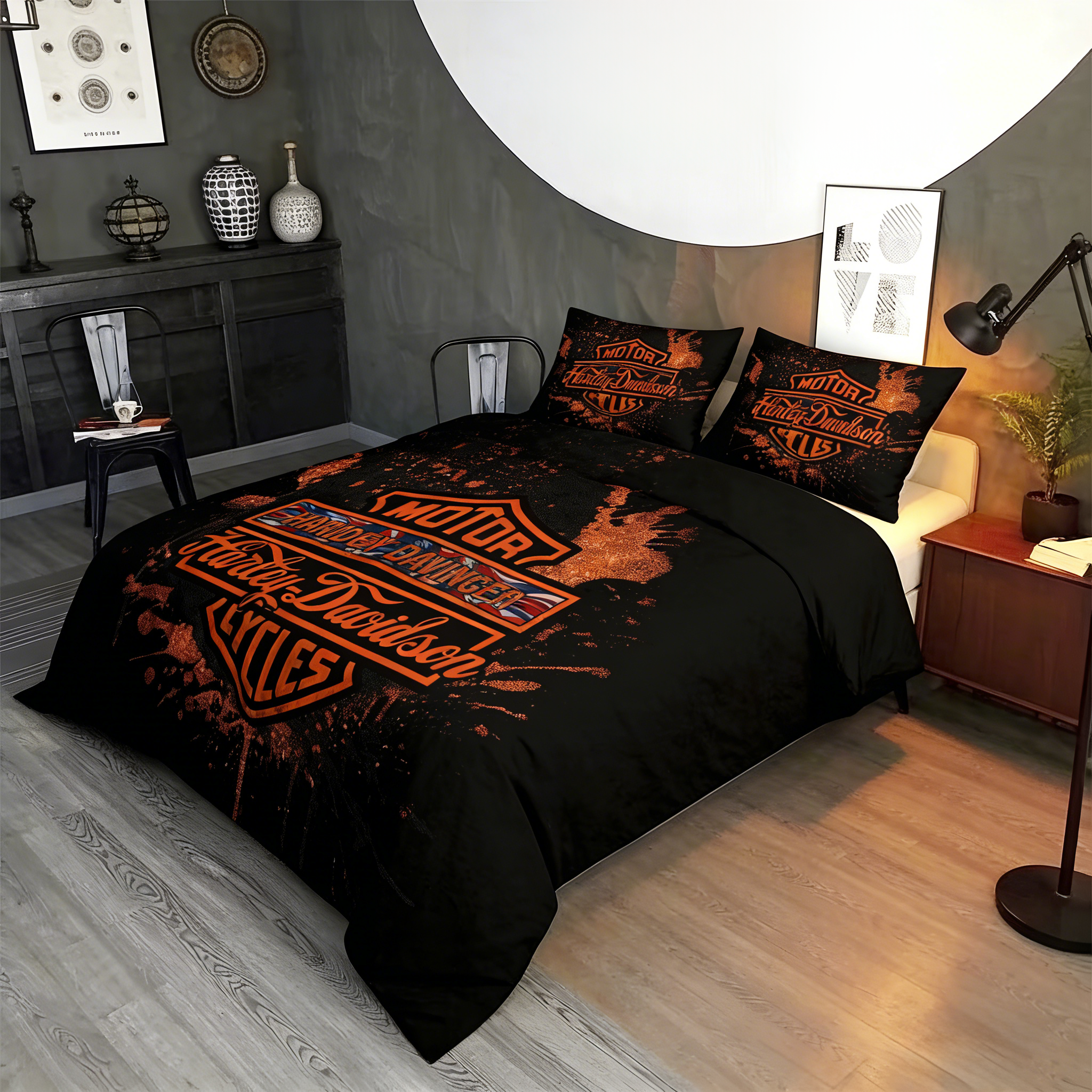 Retro Harley-Davidson style pattern 3-Piece Quilted Bedding Set