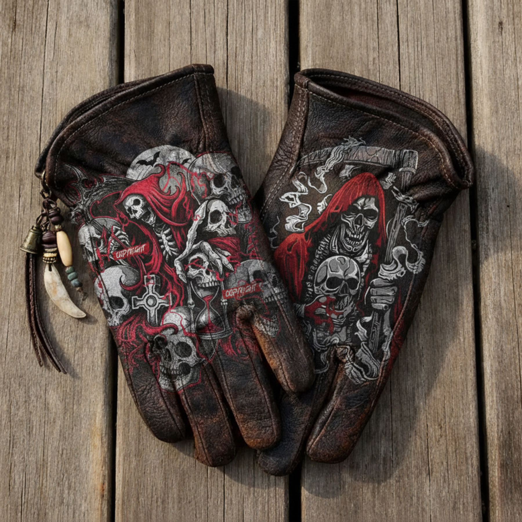 Gothic style skull leather riding gloves