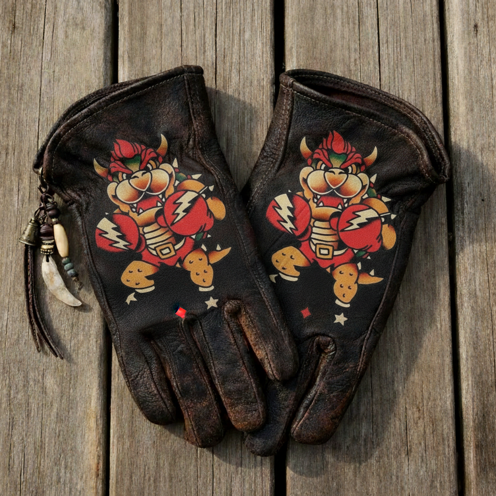 Vintage Distressed Iconic Character Illustration Heavy Duty Leather Gloves