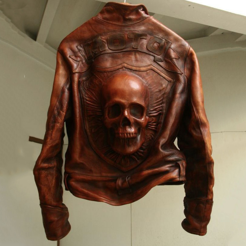 Gothic 3D Skull Embossed Brown Genuine Leather Biker Jacket
