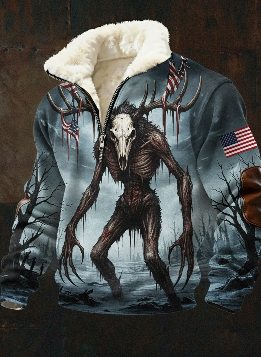 Gothic Wendigo Skeleton Creature American Flag Print Sherpa Fleece Jacket