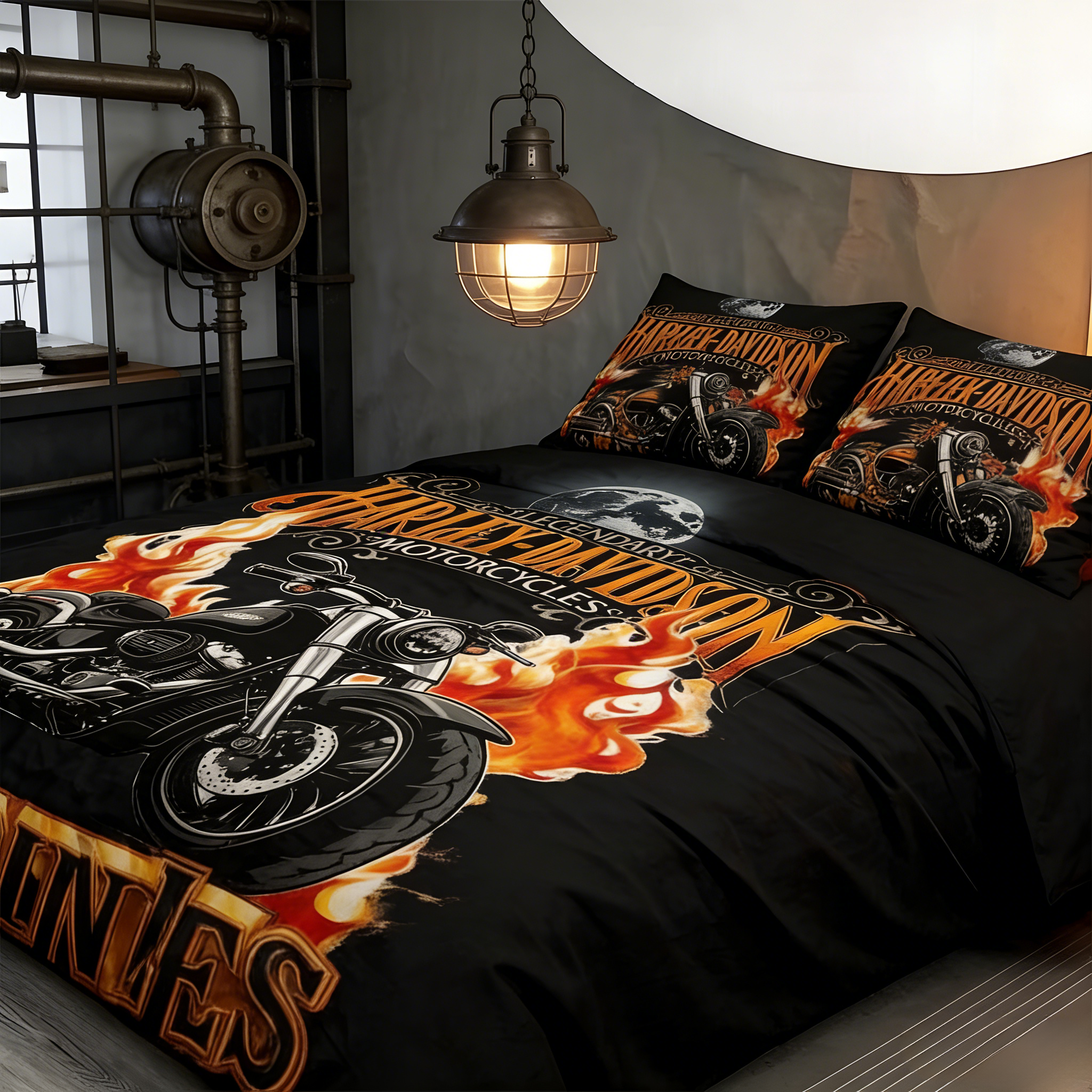 Retro Harley-Davidson style pattern 3-Piece Quilted Bedding Set