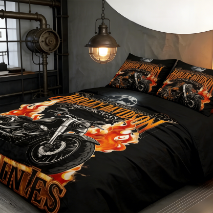 Retro Harley-Davidson style pattern 3-Piece Quilted Bedding Set