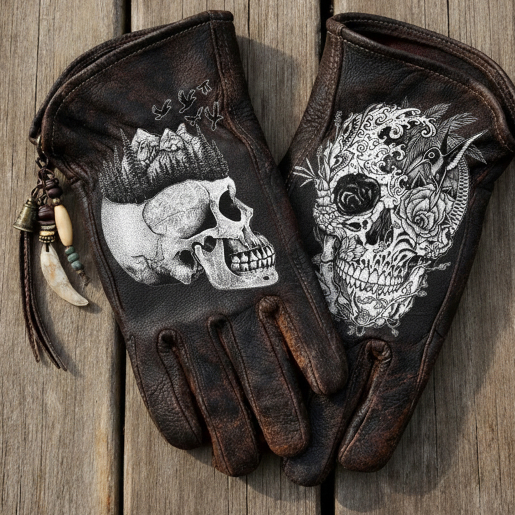 Gothic style skull leather riding gloves