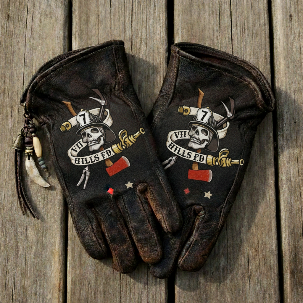 Vintage Distressed Artistic Pop Culture Illustration Leather Work Gloves