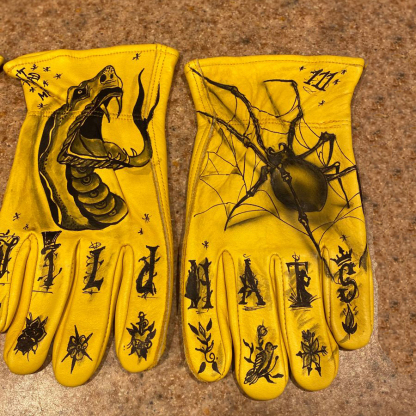 Gothic Tattoo Style Hand Painted Yellow Leather Motorbike Gloves