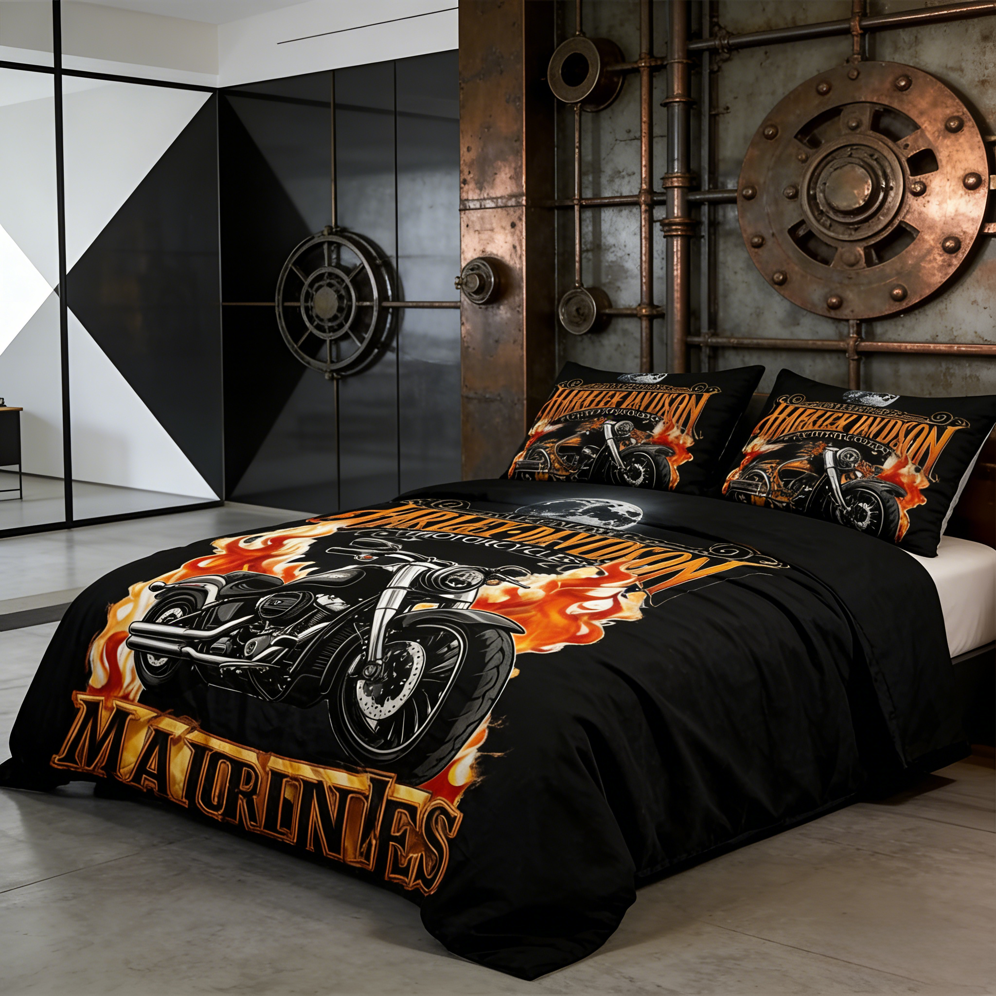 Retro Harley-Davidson style pattern 3-Piece Quilted Bedding Set