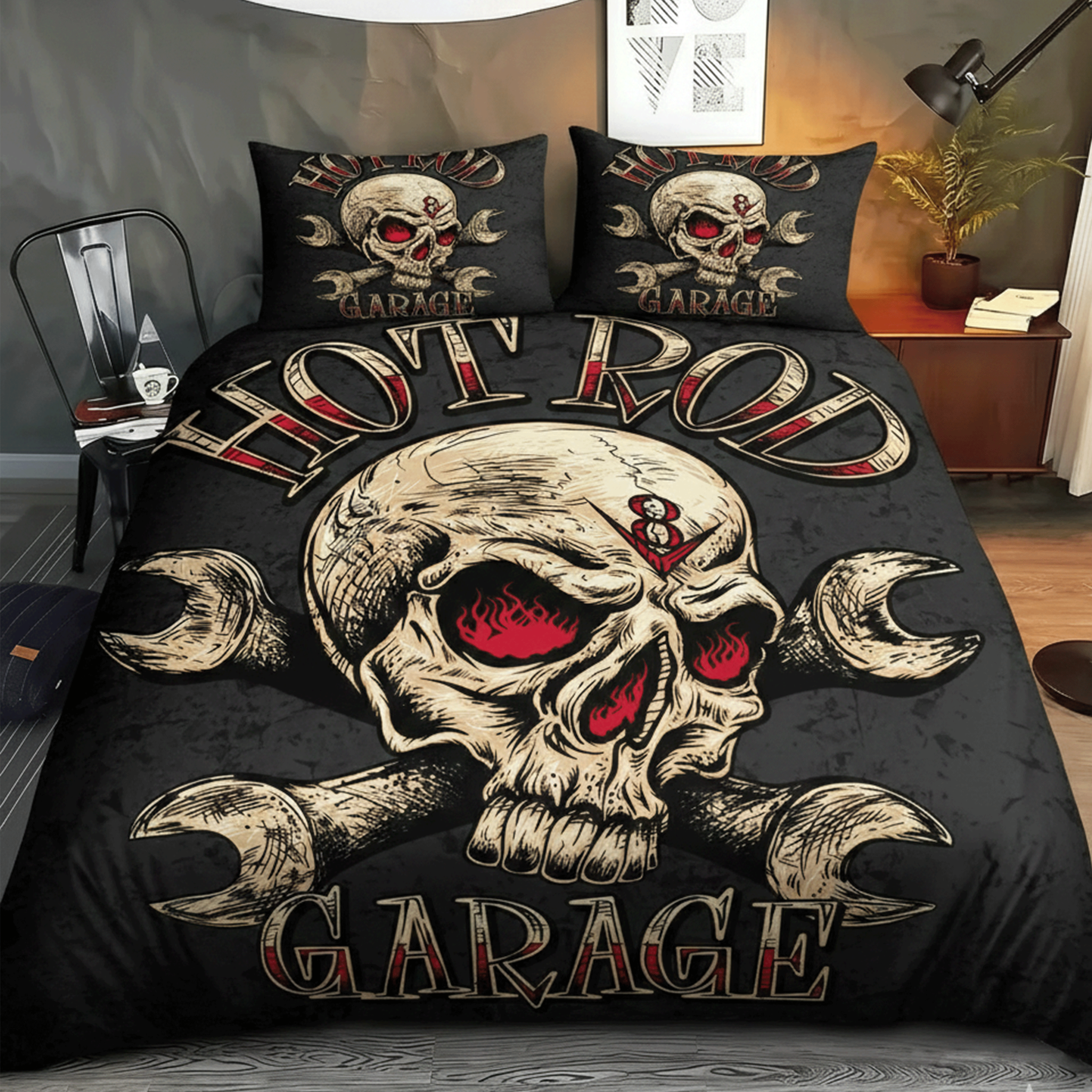 Retro Harley-Davidson style pattern 3-Piece Quilted Bedding Set