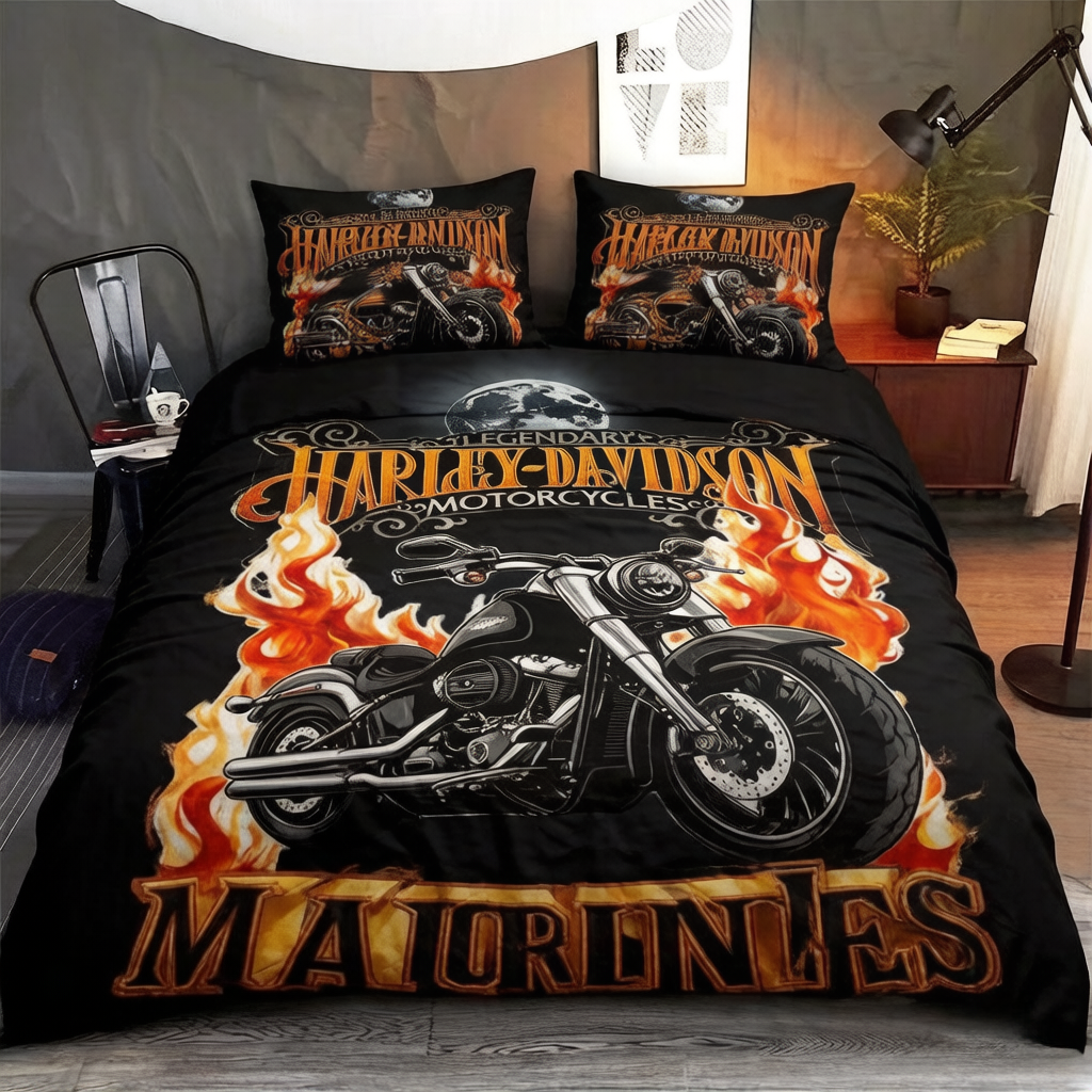 Retro Harley-Davidson style pattern 3-Piece Quilted Bedding Set