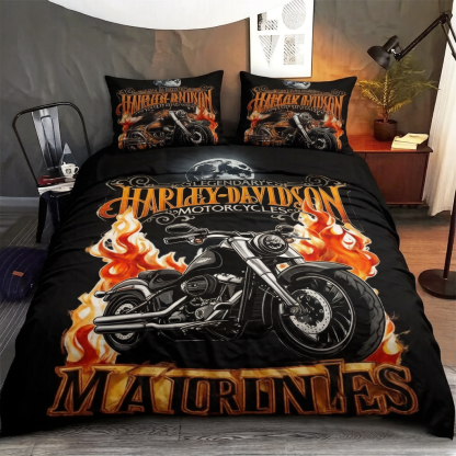 Retro Harley-Davidson style pattern 3-Piece Quilted Bedding Set