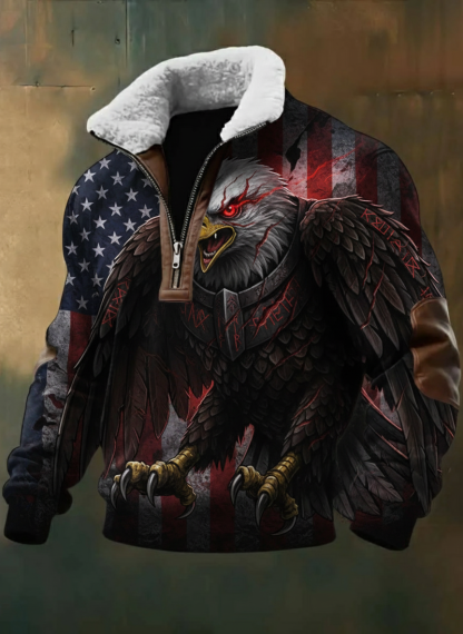 Gothic Armored Battle Eagle American Flag Sherpa Fleece Jacket