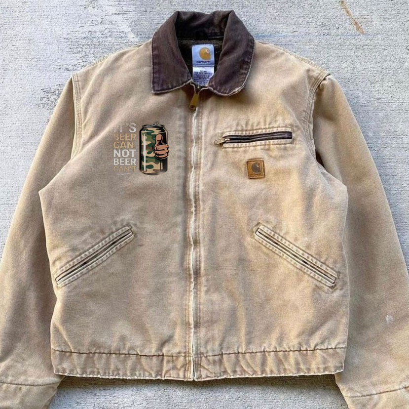 This is an American-style jacket featuring beer cans instead of a beer can theme.