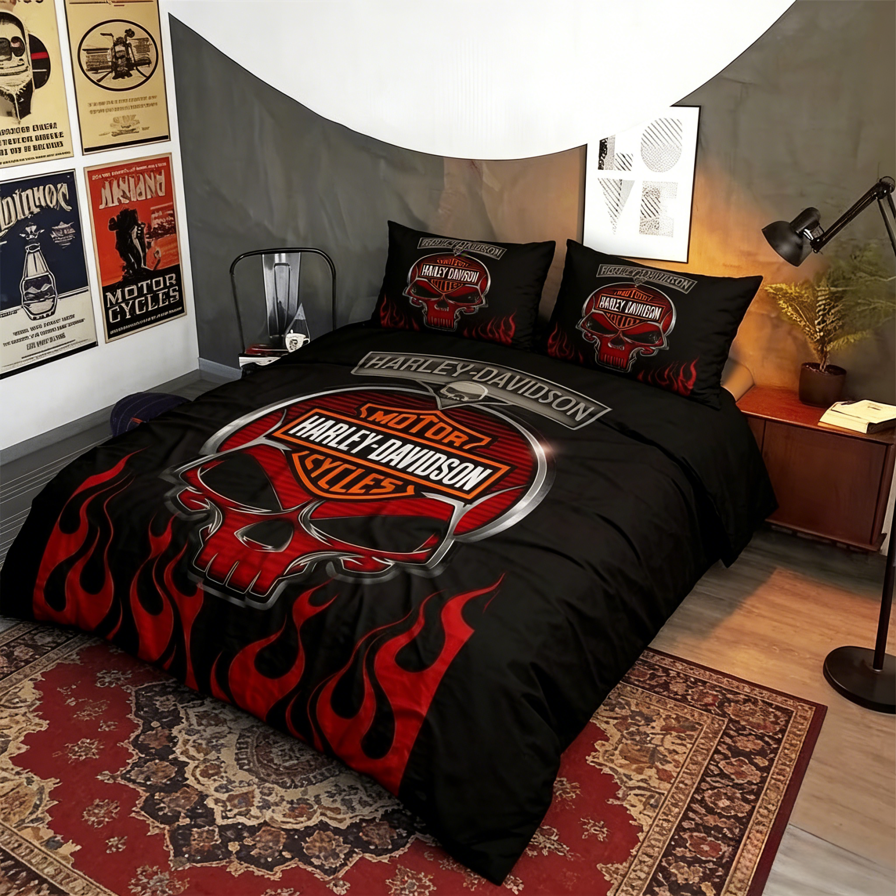 Retro Harley-Davidson style pattern 3-Piece Quilted Bedding Set