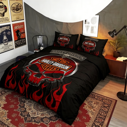 Retro Harley-Davidson style pattern 3-Piece Quilted Bedding Set
