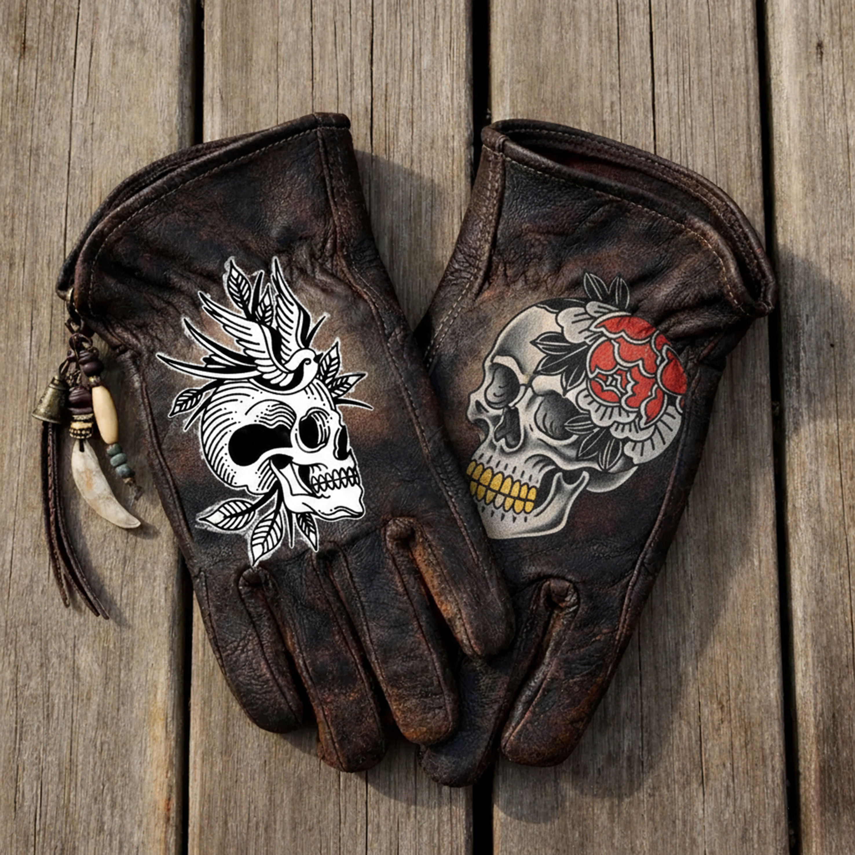 Gothic style skull leather riding gloves