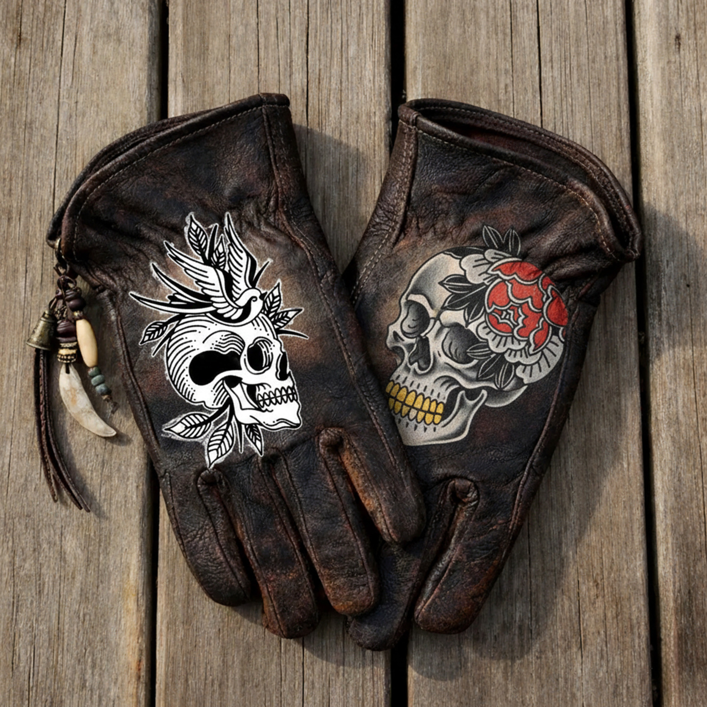 Gothic style skull leather riding gloves