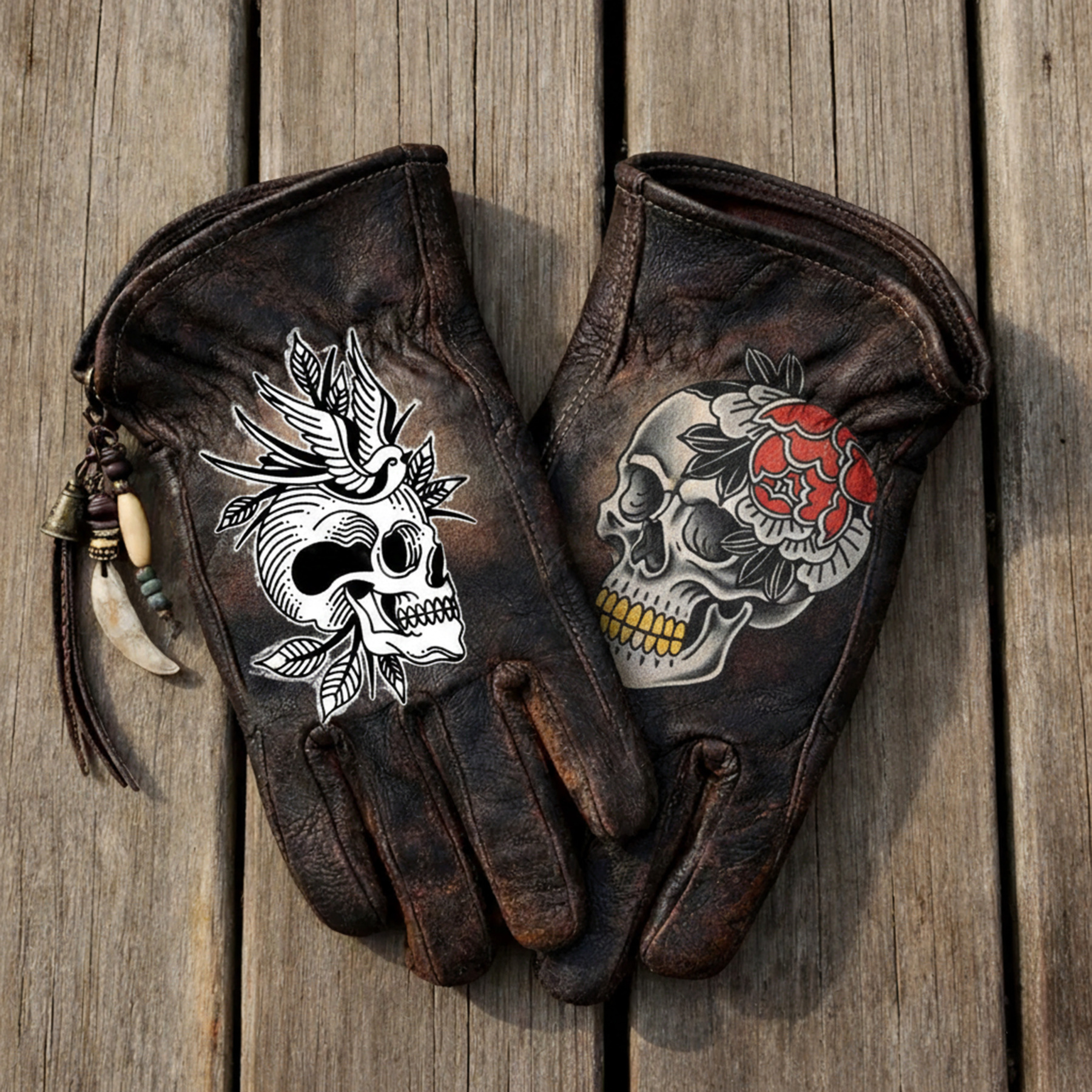 Gothic style skull leather riding gloves