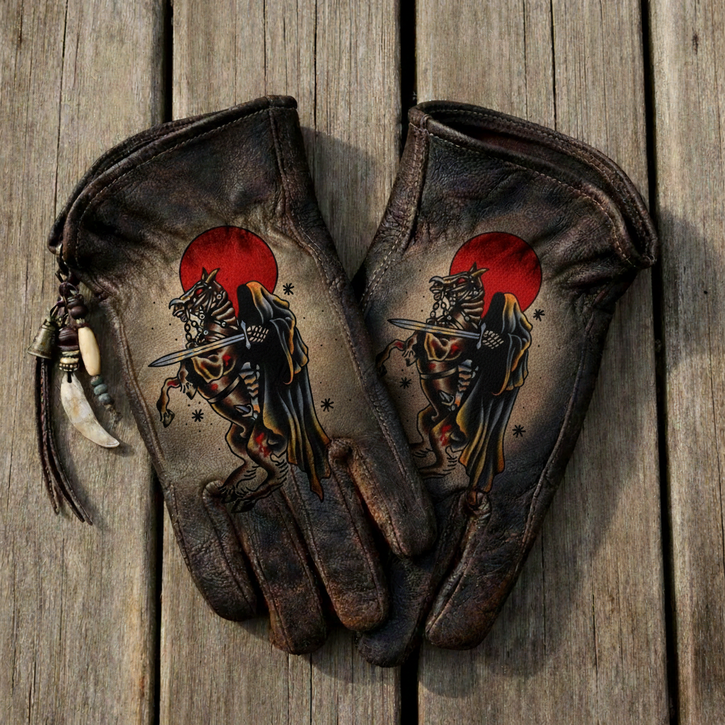Dark Fantasy Style Headless Horseman Graphic Distressed Leather Gloves