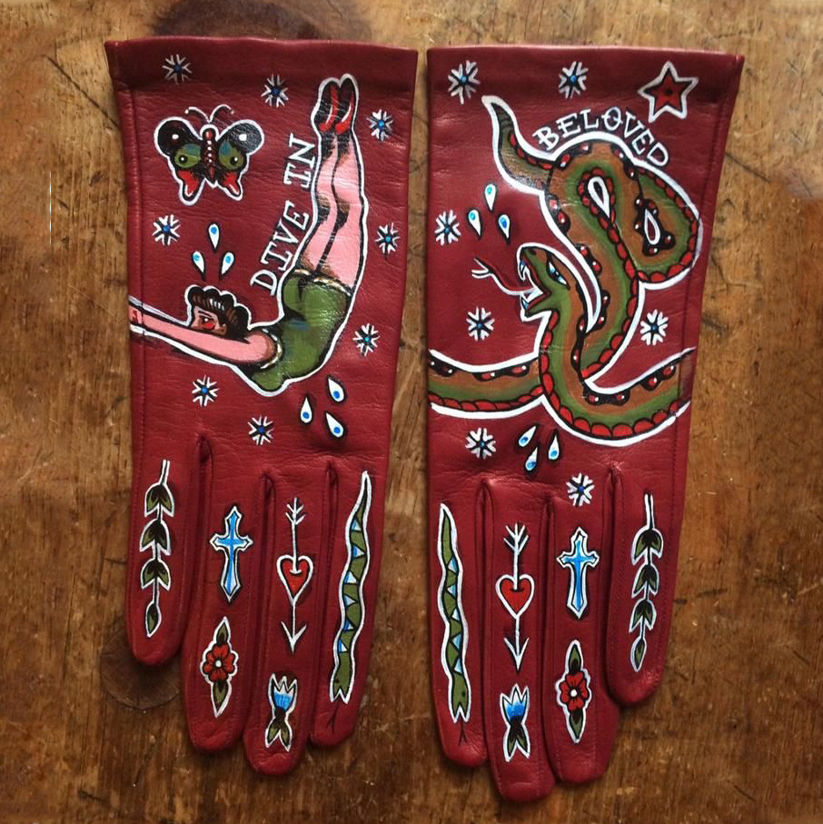 American Traditional Tattoo Style Red Leather Dive In Lady Gloves