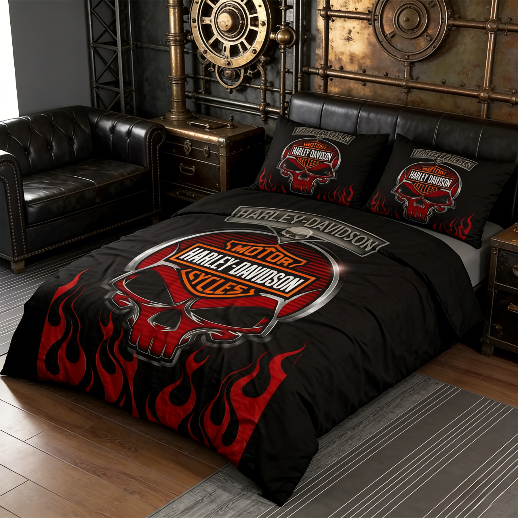 Retro Harley-Davidson style pattern 3-Piece Quilted Bedding Set