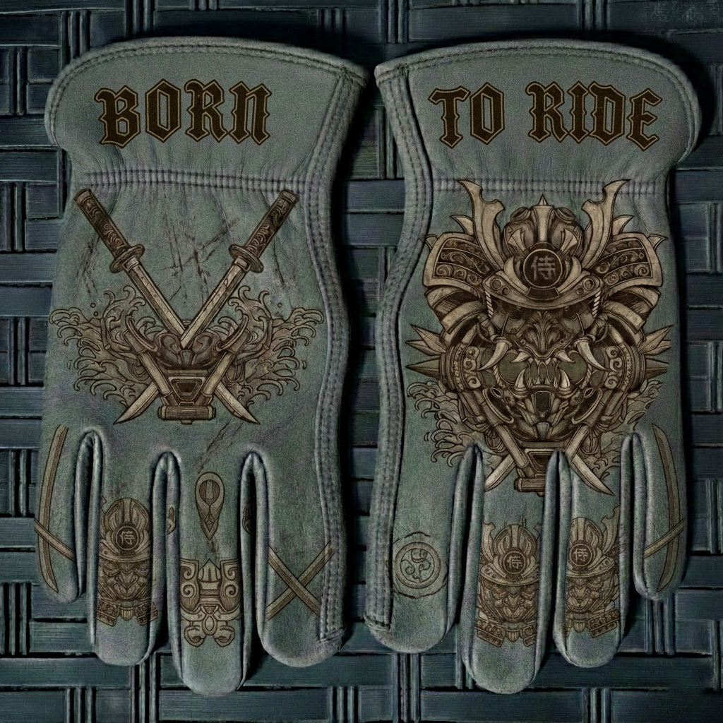 Japanese Samurai Bushido Style Distressed Leather Motorcycle Riding Gloves