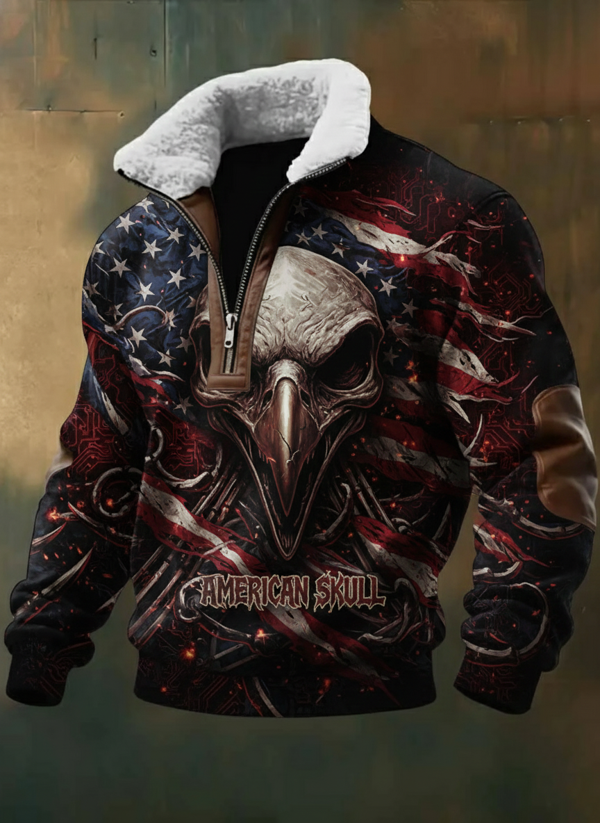 Patriotic Gothic Eagle Graphic American Flag Sherpa Quarter-zip Jacket