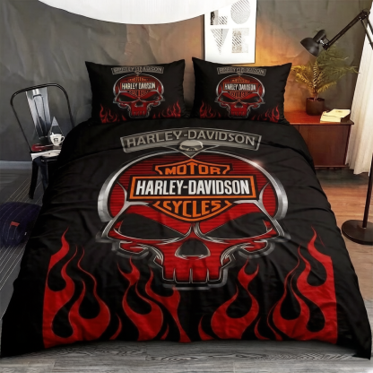 Retro Harley-Davidson style pattern 3-Piece Quilted Bedding Set