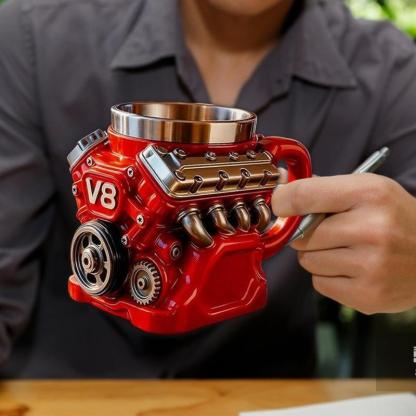 Personalized double-walled insulated car engine-themed coffee mug