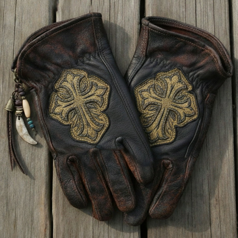 Baroque Luxury Golden Embroidery Cross Charm Distressed Leather Gloves