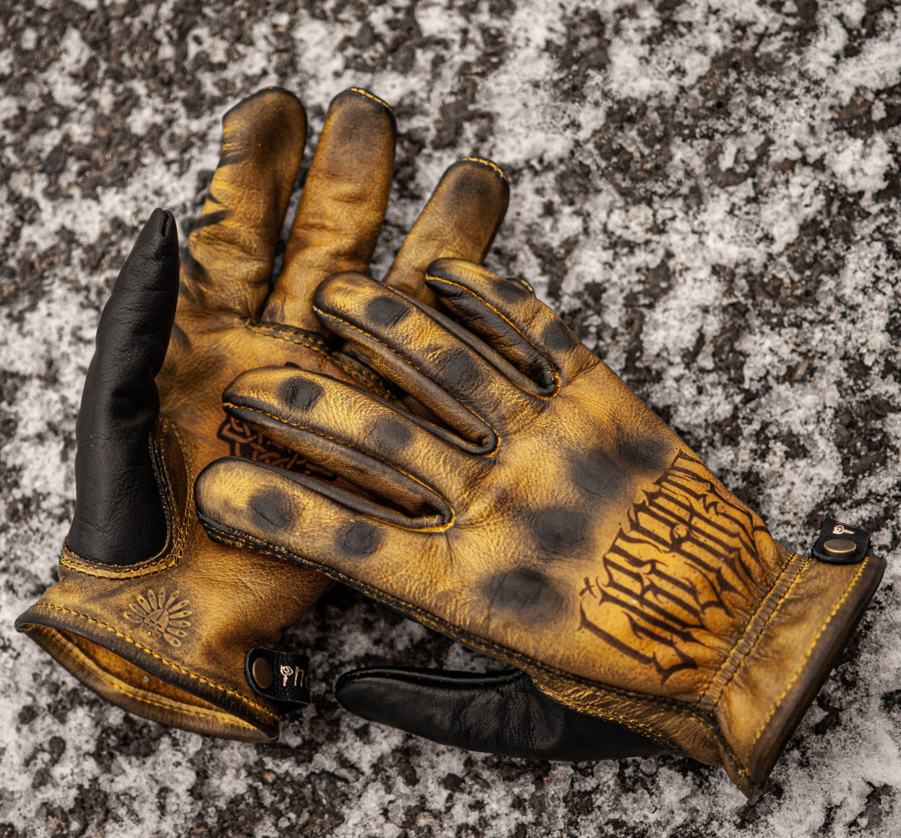 Celtic Retro Distressed Yellow Leather Cross Print Motorcycle Riding Gloves