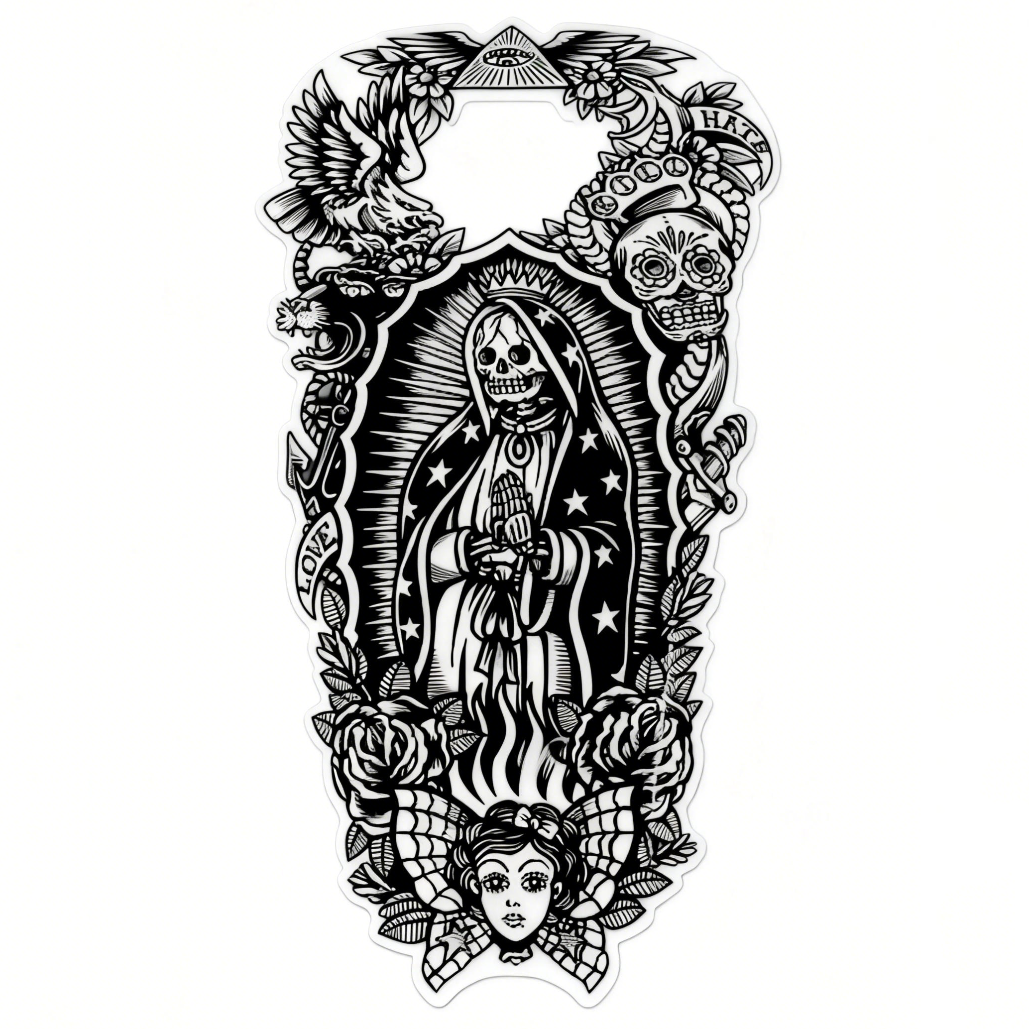Chicano Santa Muerte Skull Graphic Black White Motorcycle Gas Tank Decal