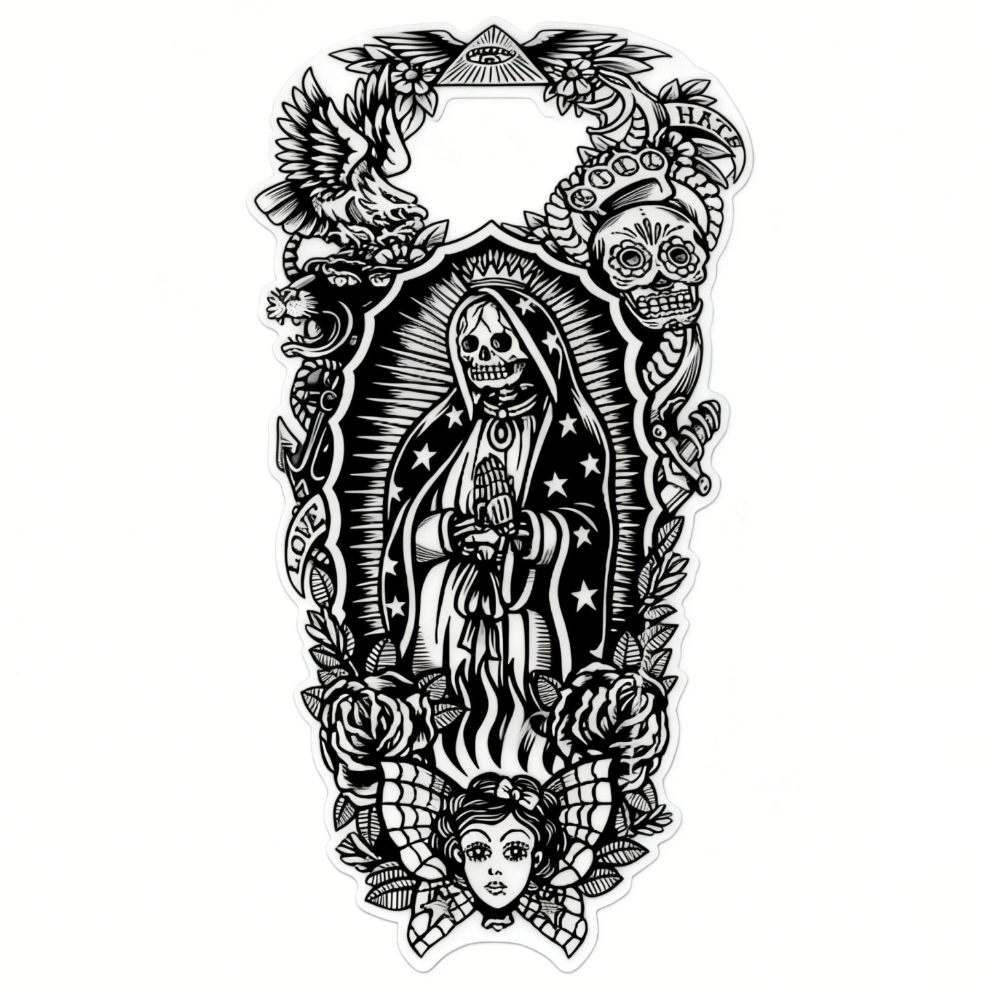 Chicano Santa Muerte Skull Graphic Black White Motorcycle Gas Tank Decal